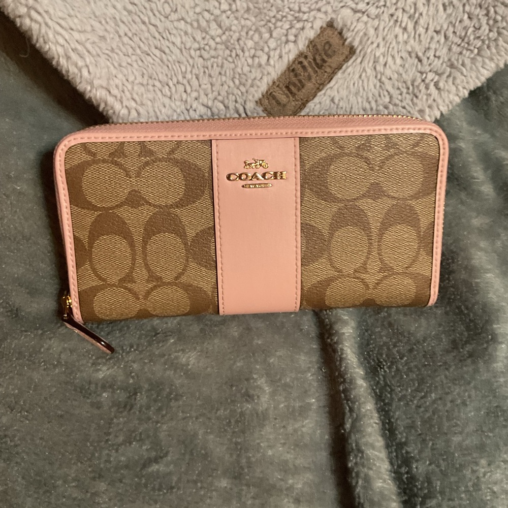 Coach Signature Pink and Brown Zip Wallet